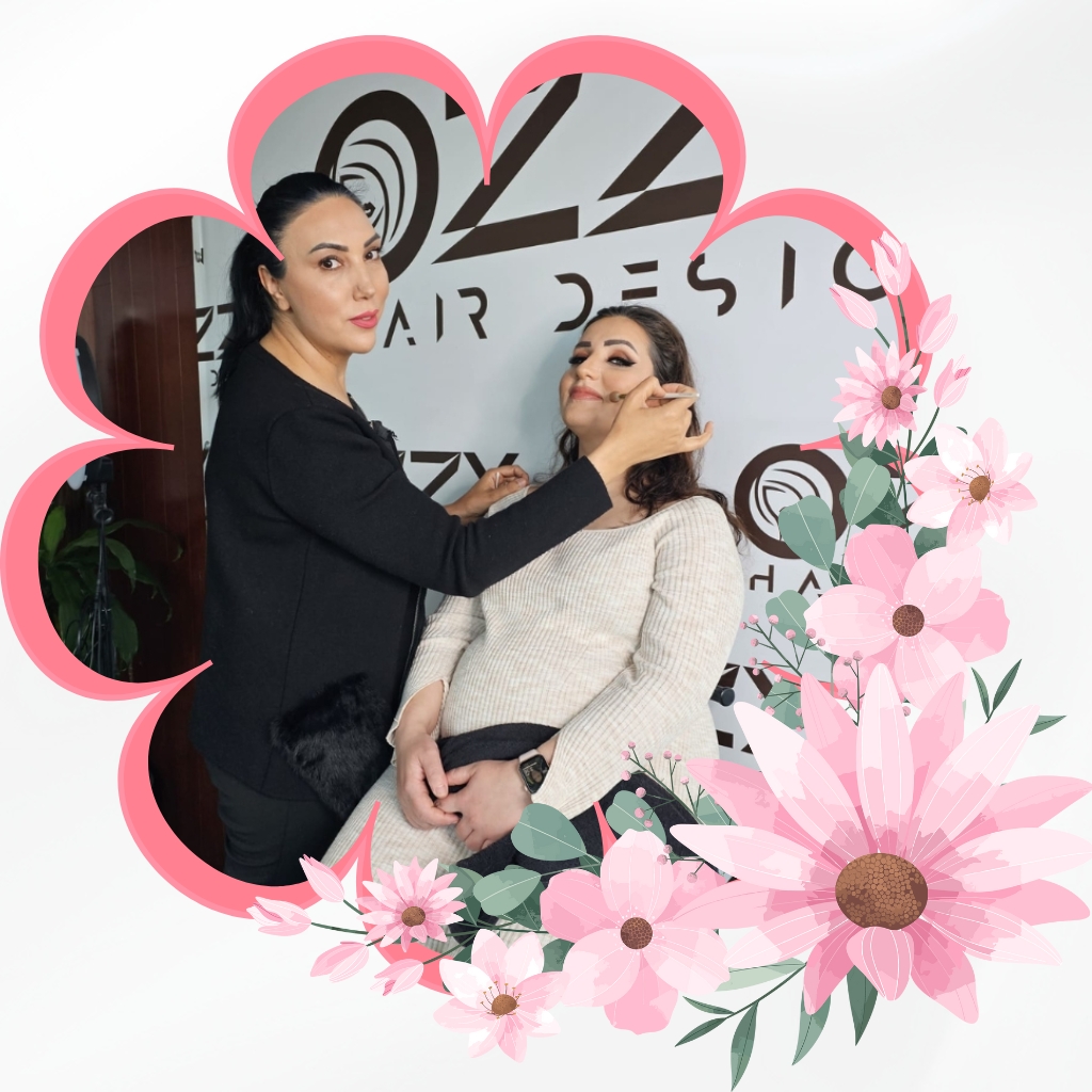 A makeup artist in Sans Souci expertly applies beauty treatment, set against a modern backdrop with elegant floral decorations.